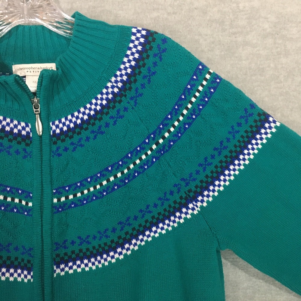 Christopher & Banks PL Full Zip Teal Cardigan Fair Isle Mock Neck 100% Cotton
